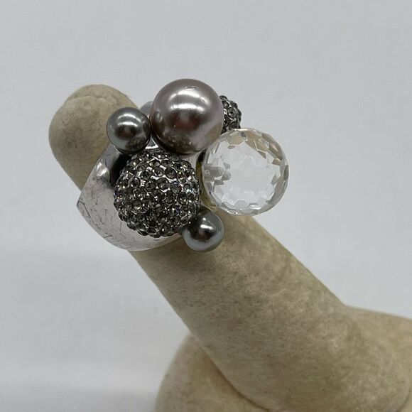 Statement Ring w/ Faux Pearl, Rhinestones and Crystal Decor on Silver Tone - Picture 2 of 5